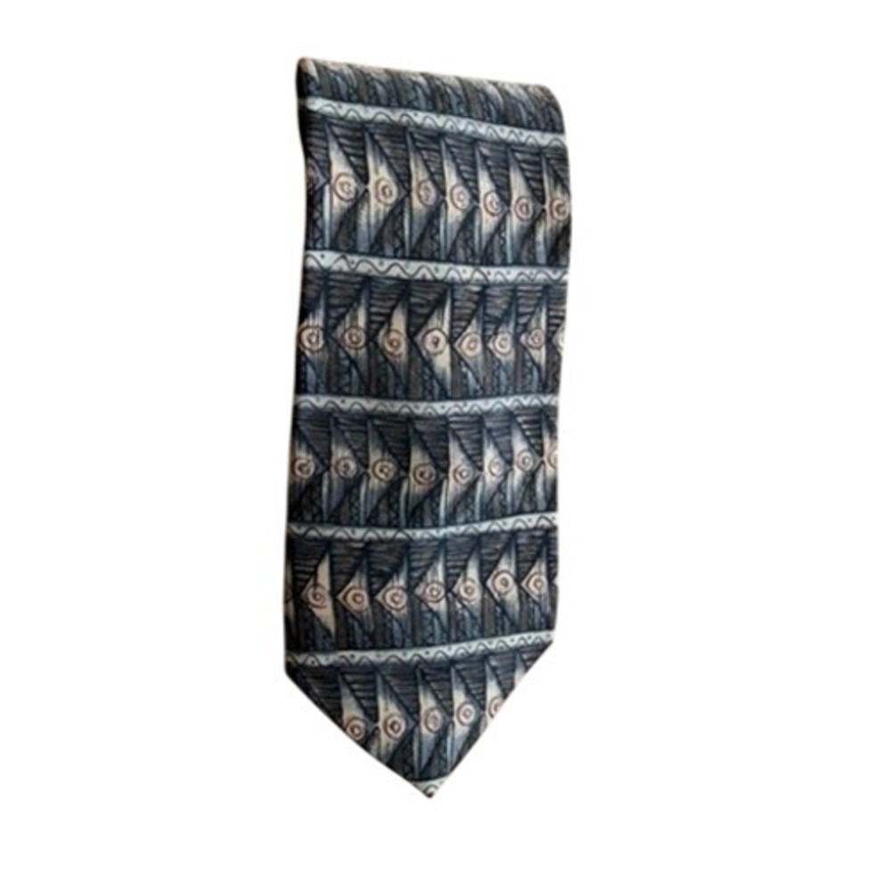 "Bergere" Mens Silk Tie Extra Long Blue Gray Geo Tribal Sandwashed Silk Wide